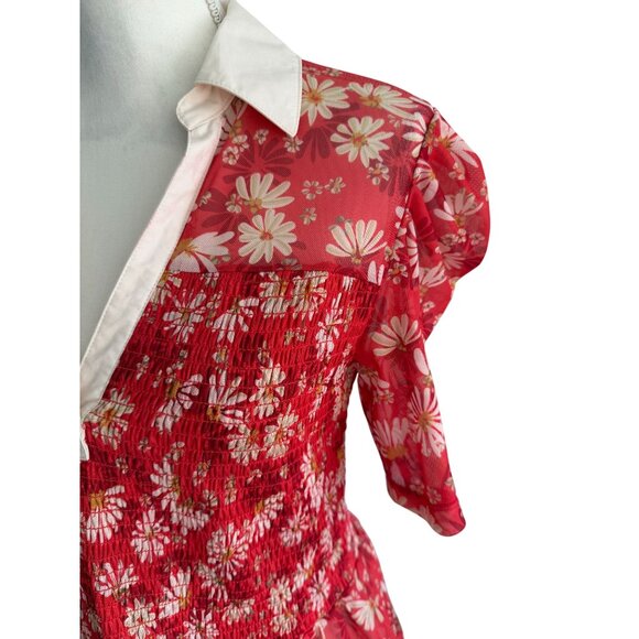 MAEVE Red Floral Collared Smocked Blouse Size Medium - Picture 6 of 10